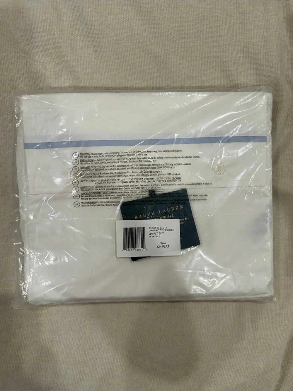 Ralph Lauren White percale organic cotton flat sheet light Blue Trim